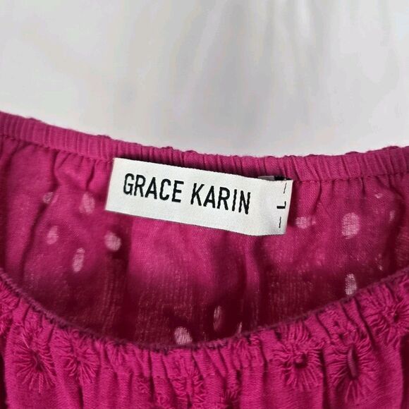 Grace Karin Eyelet Cotton Midi Dress Women Magenta Puff Sleeve Large Square Neck - Picture 10 of 12